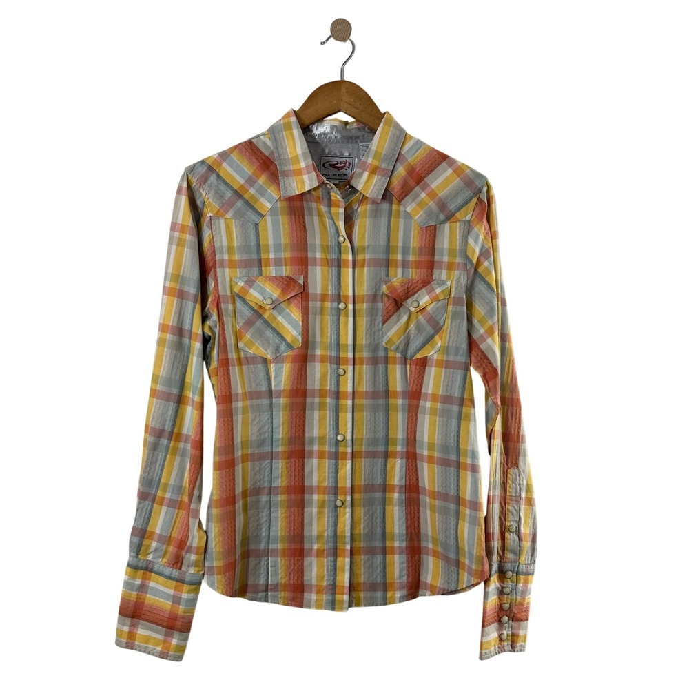 Roper Womens Plaid Western Snap Shirt Orange Yellow Dobby Cotton L 350-062-2230R